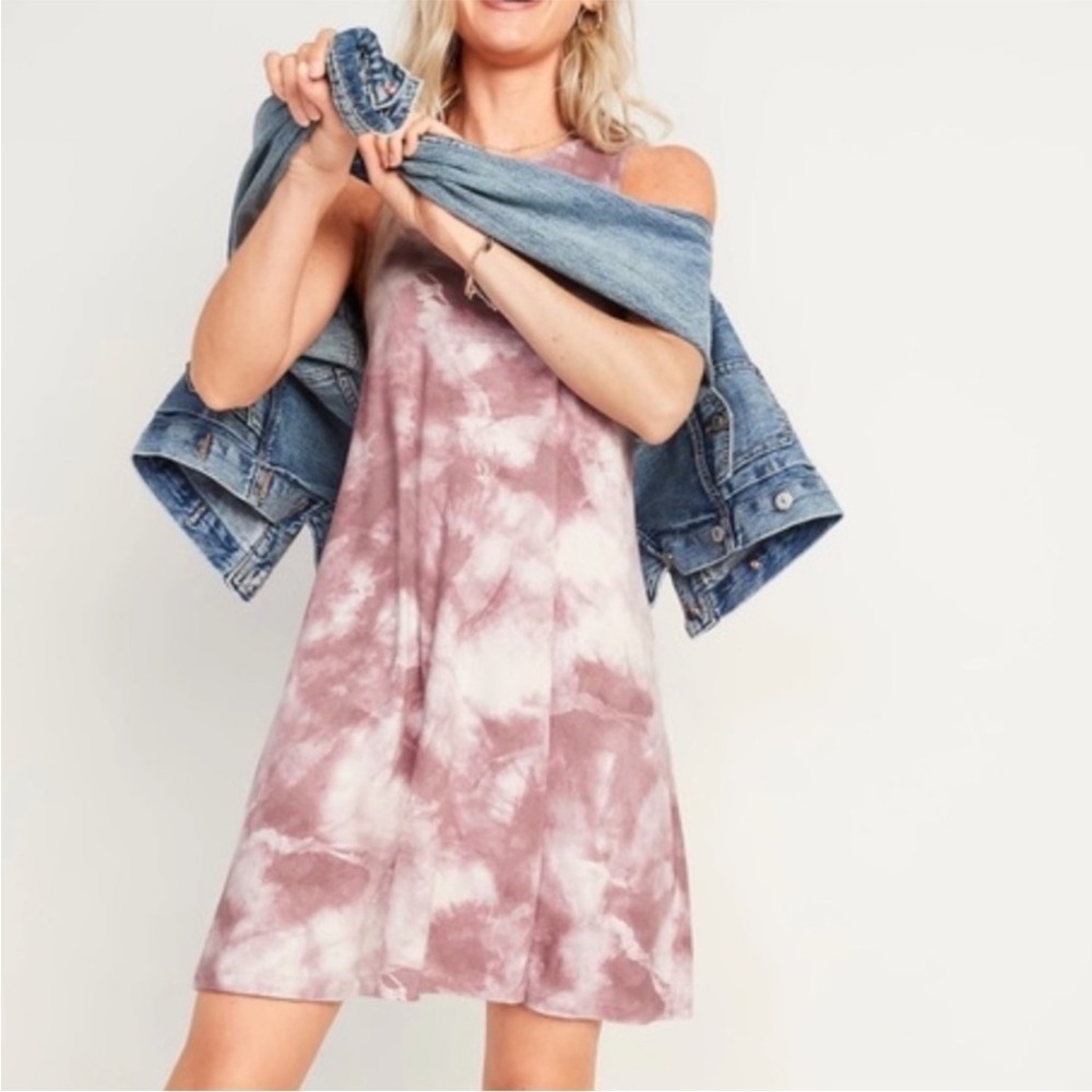 Old Navy Pink White Knit Tie Dye Swing Tank Mini Dress Size Small